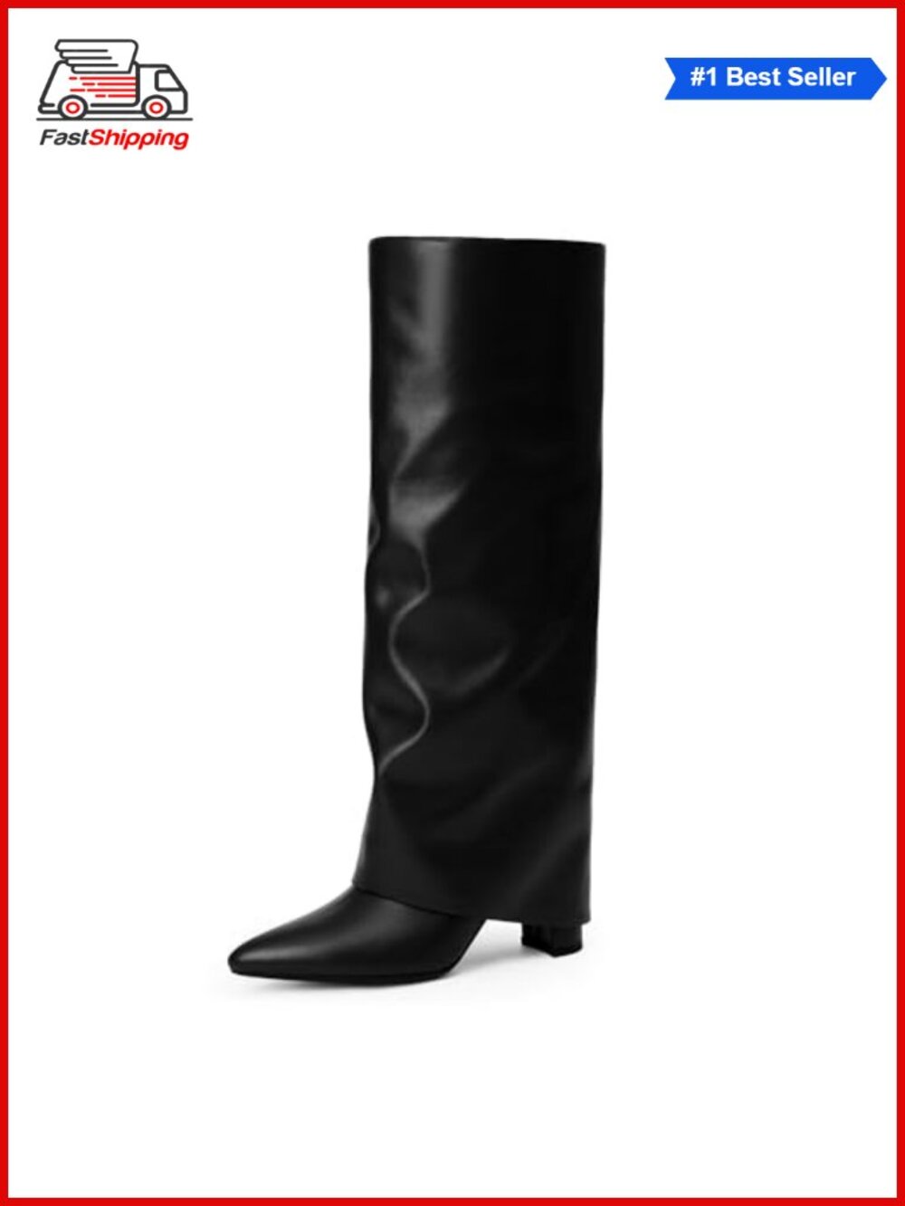 ✨ Women's Fold Over Knee High Boots Chunky Heel Pointed Toe Faux Leather Tall